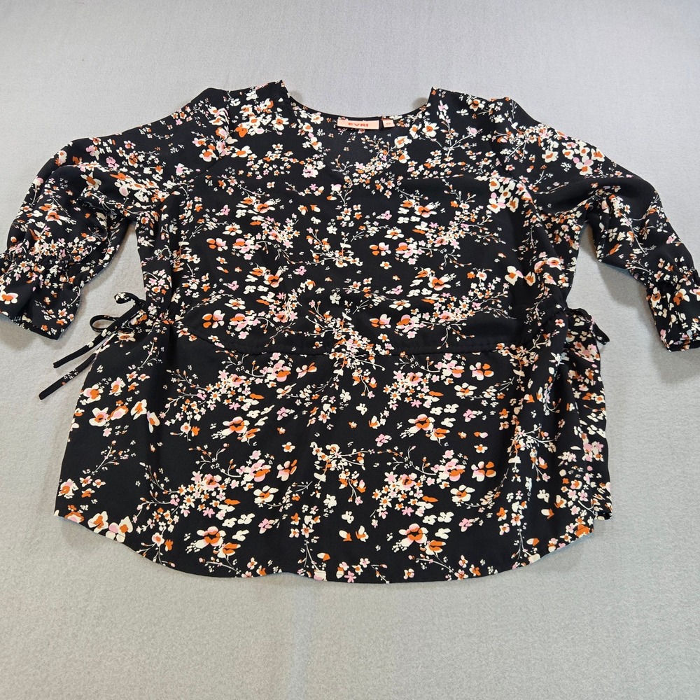 EVRI Blouse Womens‎ 0X Black Floral 3/4 Sleeve V-Neck Ruffle Side Tie Side Top